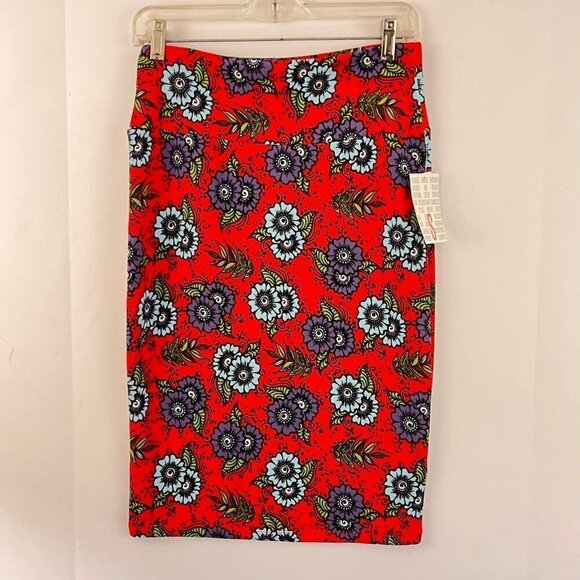 LuLaRoe Cassie Straight Stretchy Knit  Pencil Skirt S NWT Red Floral Print - Picture 1 of 3